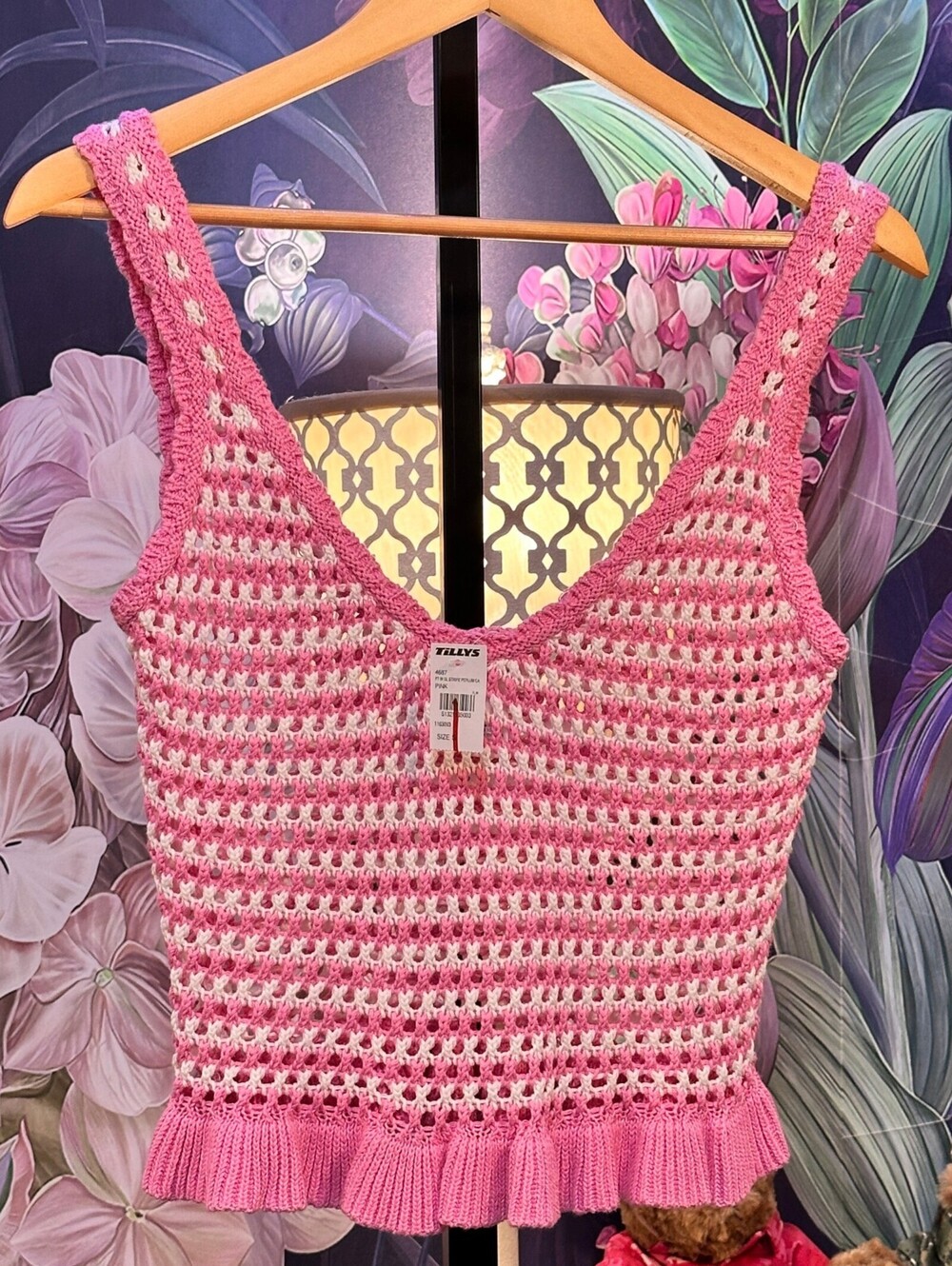 Full Tilt S 100% Cotton Tank Top Y2K Coquette Barbicore Open Knit Peplum Pink